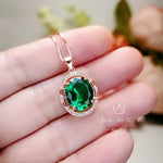 Rose Gold Coated Sterling Silver Oval Cut Green Emerald Pendant - 4.7 CT Large Emerald Necklace #629