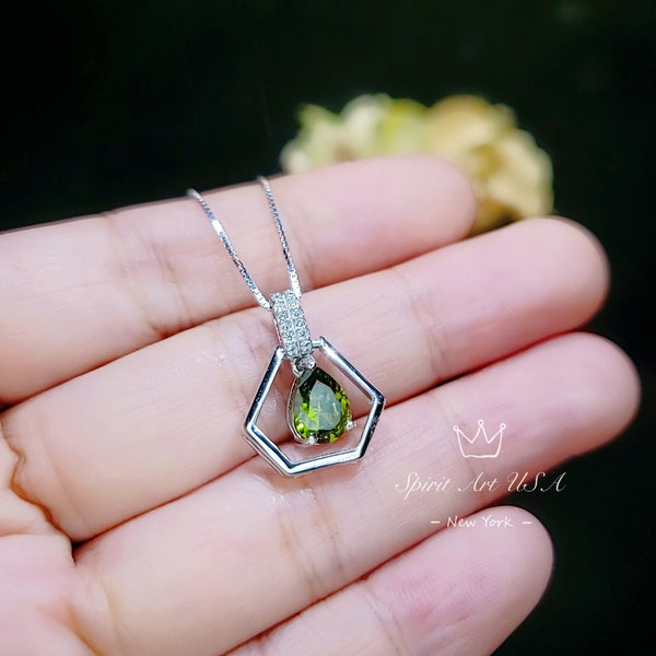 Geometric Green Peridot Necklace - Sterling Silver Tiny Triangle Gemstone Teardrop Peridot Pendant - Minimalist Green Gemstone Jewelry #116