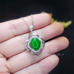 Flower Of life Jade Necklace - White gold plated Sterling silver Oval Green Jade Pendant #942