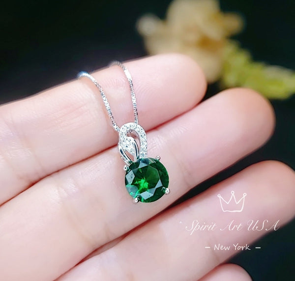 Gorgeous Emerald Necklace - Sterling Silver Solitaire 8mm 2 Ct Round Simple Emerald Jewelry
