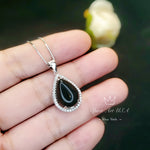 Large Natural Black Onyx Necklace - Root Chakra Healing - Sterling Silver Genuine Teardrop Gemstone Halo Black Onyx Pendant #932