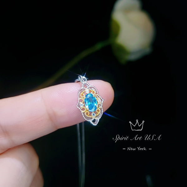 Tiny Thorn Apple Blue Topaz Necklace - Gold decorated Sterling Silver Minimalist Oval Blue Topaz Pendant Blessing Buddha Hand Jewelry #113