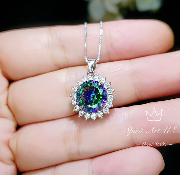 Mystic Topaz Necklace - Gemstone Sunflower Style - White Gold plated Sterling Silver - Princess Diana Style 10mm Rainbow Topaz Jewelry #363