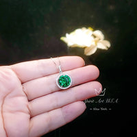 Large Gemstone Halo Emerald Necklace - 4 CT Round Green Emerald Pendant - Sterling Silver Circle Green Gemstone Jewelry #447