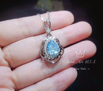 Sky Blue Aquamarine Necklace - Halo Gemstone Leaf Sterling Silver Flower Teardrop Large Aquamarine Pendant White Gold plated Jewelry #709