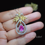 Teardrop Pink Sapphire Necklace Full Sterling Silver olive branch 2.5 Ct Pear Cut Gold Plated the Tree Of Life Pendant Fuchsia Gemstone #852