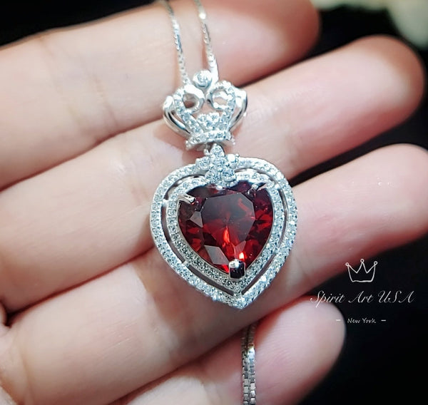 Large Red Garnet Heart Necklace Double Gemstone Heart Pendant White Gold Coated Sterling Silver 7 ct Spessartite Garnet Pendant #910