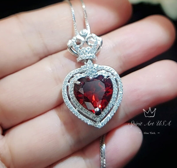 Large Red Garnet Heart Necklace - Double Diamond Heart Pendant - White Gold Coated Sterling Silver - 7 ct Created Red Garnet Pendant