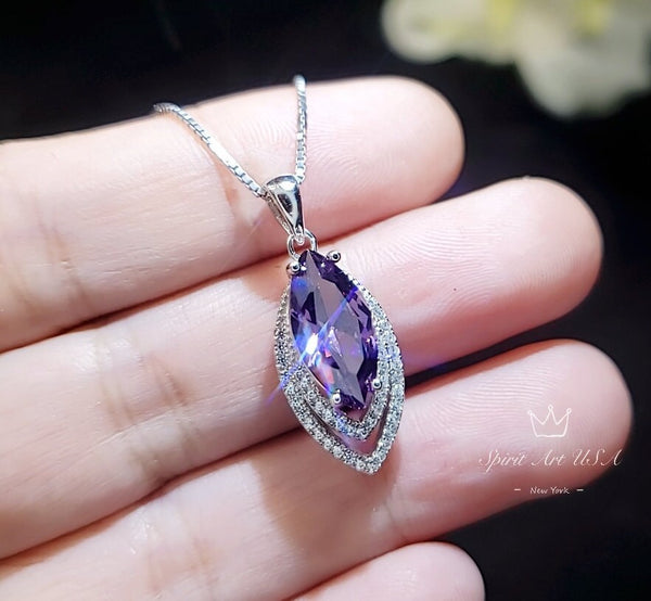 Marquise Amethyst Necklace Sterling Silver - White Gold Coated Double Diamond Halo - Large 3 CT Created Amethyst Pendant Diamond Leaf