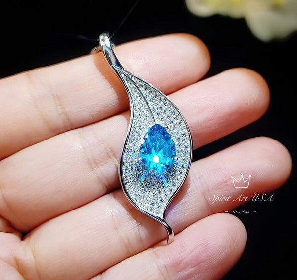 Gemstone Leaf Blue Topaz Necklace - White Gold coated Sterling Silver - Teardrop 2.75 CT Swiss Blue Topaz Jewelry - November Birthstone #983