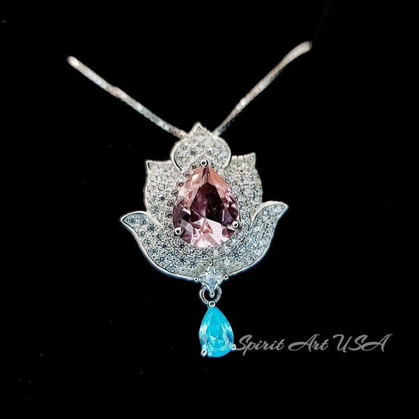 Pink Morganite Necklace Gemstone Lotus Flower Pendant Full Sterling Silver White Gold coated Teardrop Halo Large Pink Gemstone 3 CT #920