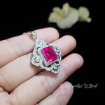 Large Pink Sapphire Necklace Fuchsia Color Gemstone Flower Sterling Silver White Gold Coated - Faceted Rectangle 5 CT Lab Pink Sapphire #819