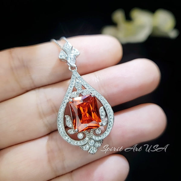 Sunstone Necklace Gemstone Spiritual Flower 5 Ct Scissor Cut Lab Orange Sapphire Tangerine Sterling Silver Brilliant Jewelry #986