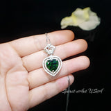Emerald Necklace - Green Heart 7 CT Double Halo Crown - May Birthstone - Emerald pendant #890