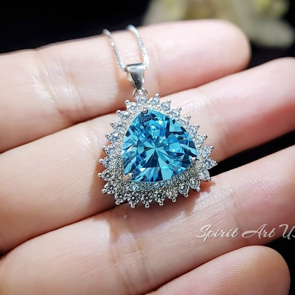 Large Trillion Cut Aquamarine Necklace - Brilliant Double Gemstone Halo 10CT Blue Aquamarine Pendant - 18kgp @ Sterling Silver #754