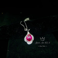 Ruby Necklace , Sterling Silver Leaf Lily flower 2 CT Teardrop Red Ruby Pendant - 18kgp @ Sterling Silver - Pear Cut July Birthstone #234