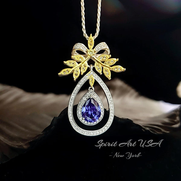 Teardrop Blue Tanzanite Necklace - Large Gold the Tree Of Life Pendant - 18KGP Sterling Silver olive branch Necklace #850