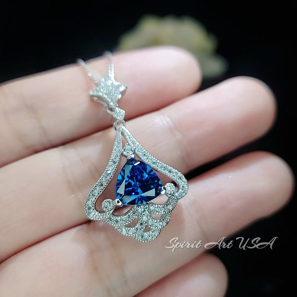 Mandolin flower Blue Sapphire Necklace - 1.2 ct Trillion Cut Blue Sapphire Pendant - White Gold coated Sterling Silver Gemstone Design #675