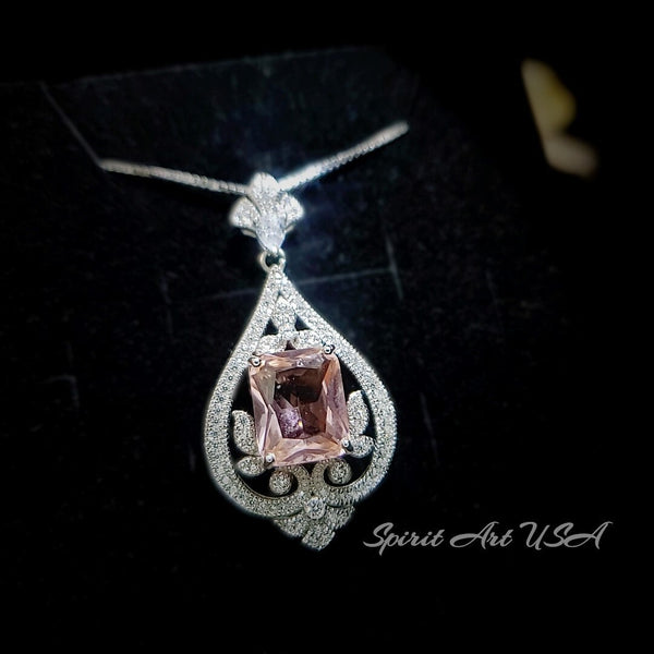 Baguette Pink Morganite Necklace Gemstone Spiritual Flower 18KG Sterling Silver 4.5 CT Rectangular Pink Morganite Pendant #824
