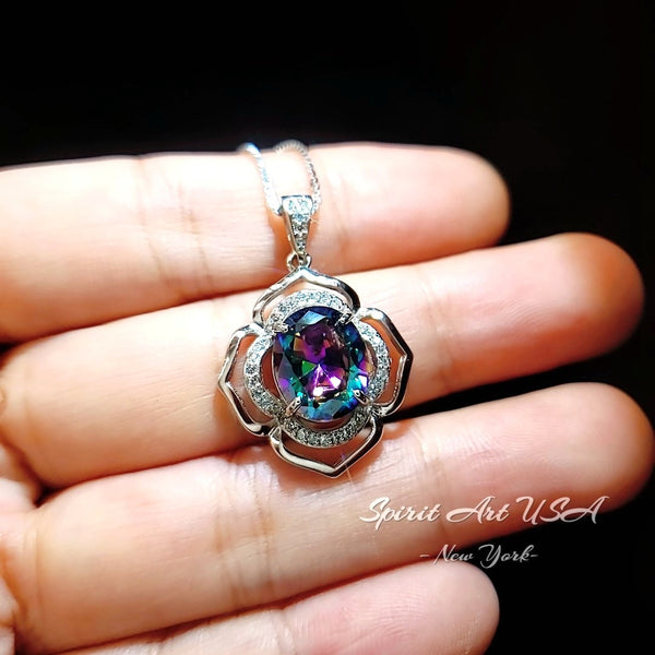 Large Mystic Topaz Necklace -Sterling Silver White Gold Flower Of Life Pendant #551