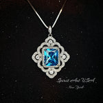 Large Blue Topaz Necklace - Faceted Rectangle 5 CT Swiss Blue Topaz Pendant - Gemstone Flower of Prosperity - 18kGP Sterling Silver #893