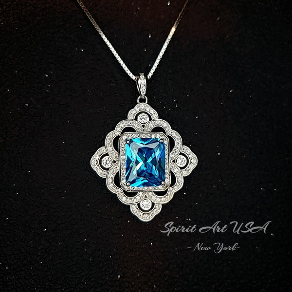 Large Blue Topaz Necklace - Faceted Rectangle 5 CT Swiss Blue Topaz Pendant - Gemstone Flower of Prosperity - 18kGP Sterling Silver #893