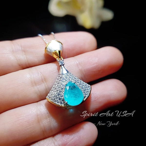 Brilliant Blue Paraiba Tourmaline Necklace - 18KGP Sterling Silver - Gemstone Drop Synthetic Blue Paraiba Gemstone Jewelry #753
