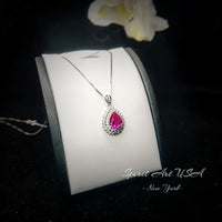Double Halo Teardrop Pink Topaz Necklace - Gemstone Halo Teardrop Fuchsia Sapphire Pendant - 3 ct White Gold Coated Sterling Silver #758