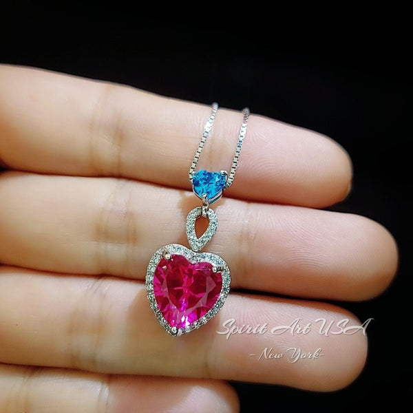 Pink Sapphire Double Heart Necklace - 18kgp @ sterling Silver Pink Fuchsia Sapphire Jewelry Pendant White gold coated #659