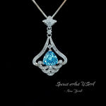 Mandolin flower Blue Aquamarine Necklace - 1.2 ct Trillion Cut Blue Aquamarine Pendant White Gold coated Sterling Silver Diamond Design #683