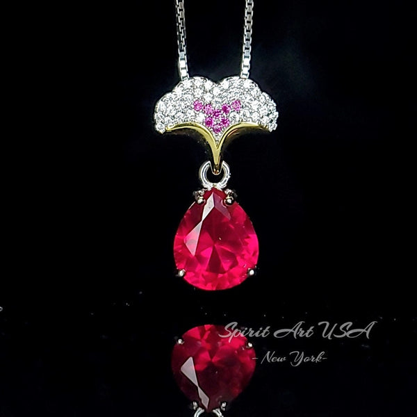 Ruby Necklace - Ginkgo biloba Pendant - 18kgp @ Sterling Silver - Large Teardrop Pear 3.5 CT Red Ruby - Gemstone Leaf Jewelry #867