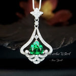 Mandolin flower Emerald Necklace - 1.2 ct Trillion Cut Green Emerald Pendant - White Gold coated Sterling Silver Gemstone Design #759