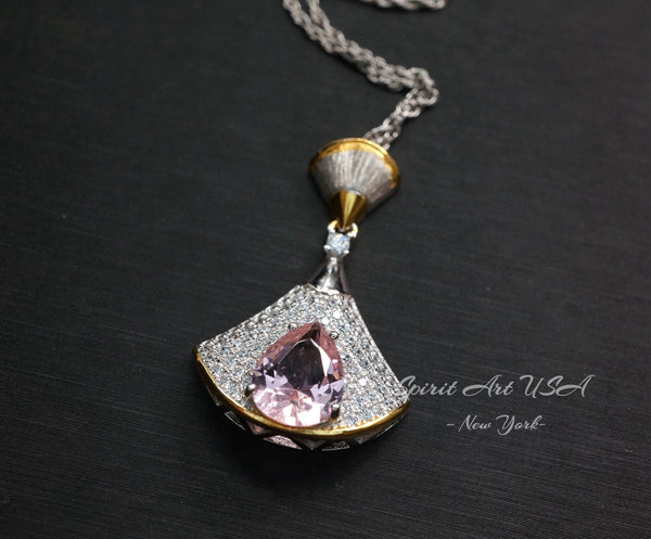 Morganite Necklace - Full Sterling Silver - White Gold coated - Gemstone Drop 3 CT large Pink Morganite Jewelry #869