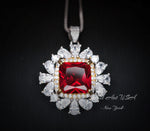 Luxury Square 7 CT Red Ruby Necklace, Gemstone Surround 18KGP @ Sterling Silver - Asscher Cut Large 10 MM Red Ruby Pendant #807