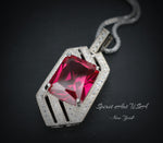 Large Geometric Ruby Necklace - Full Sterling Silver Gemstone Spacecraft Style - 4.5 Ct Rectangle Cut Ruby Jewelry #757