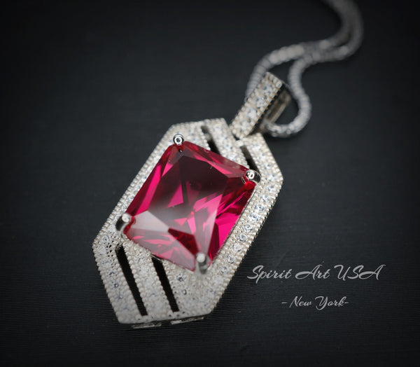 Large Geometric Ruby Necklace - Full Sterling Silver Gemstone Spacecraft Style - 4.5 Ct Rectangle Cut Ruby Jewelry #757