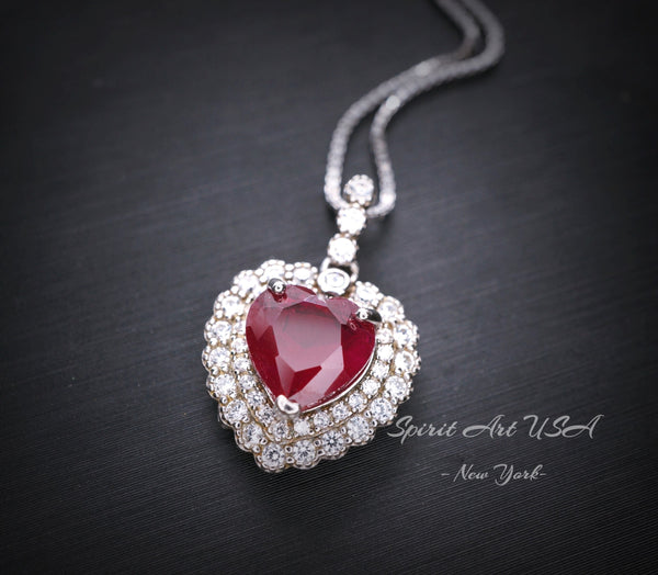 Red Ruby Heart Necklace Double Diamond Halo White Gold Plated Sterling Silver July Birthstone 2 CT Pendant