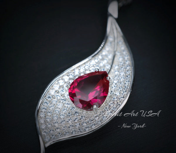 Ruby Necklace - Large Single Gemstone Leaf Necklace - 18KGP @ Sterling Silver - 3 CT Teardrop Red Ruby Jewelry - Large Ruby Pendant #894