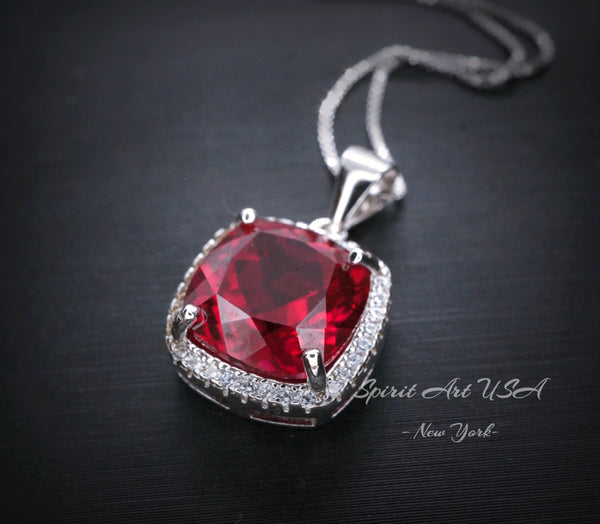 Large Ruby Necklace Sterling Silver 6 CT Square Gemstone Red Pendant 18k White Gold Plated July Birthstone #473