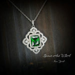 Gorgeous Green Chrome Diopside Necklace - Gemstone Flower Sterling Silver White Gold Coated - Faceted Rectangle 5 CT Diopside Pendant #826