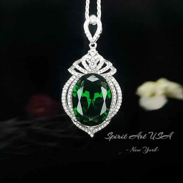 13 CT Large Emerald Necklace Royal Crown Oval Emerald Pendant Green Gemstone Jewelry Sterling Silver White Gold plated #914