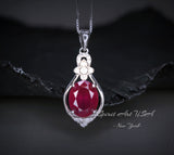 Red Ruby Necklace Oval 2.8 CT Red Ruby Pendant Tiny Gemstone Flower Sterling Silver July Birthstone 18k White Gold Plated #947
