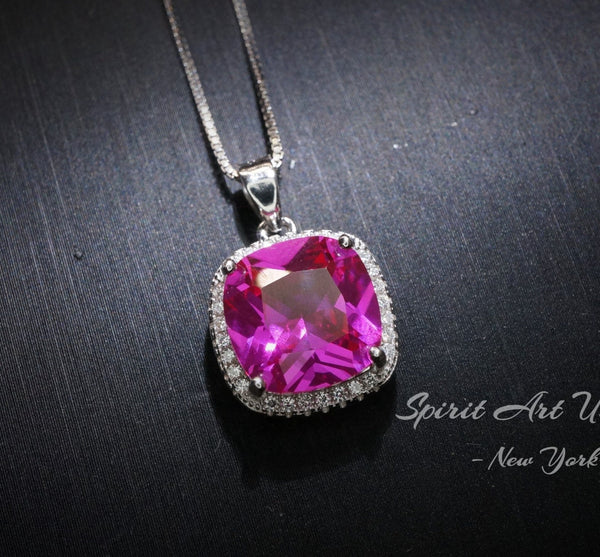 6CT Fuchsia Pink Sapphire Necklace - Large Square Sterling Silver White Gold Plated - Pink Sapphire Jewelry #462