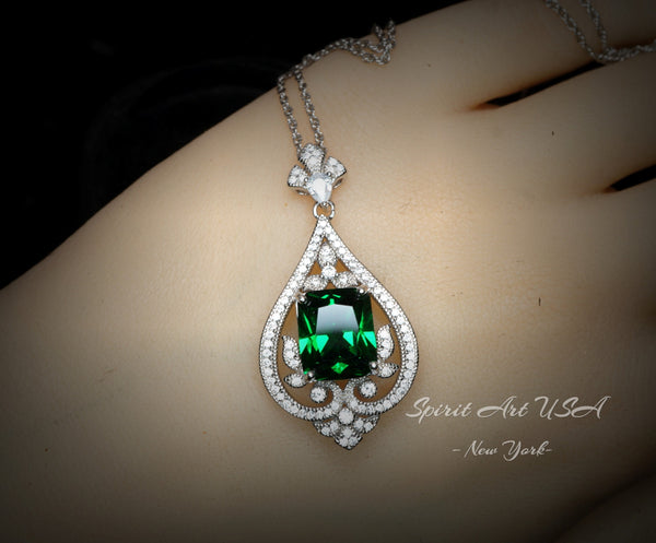 Emerald Necklace Diamond Royal Spirit Flower Jewelry 5 Ct Radiant Cut Created Emerald Pendant - 18KGP Sterling Silver Emerald Jewelry #985