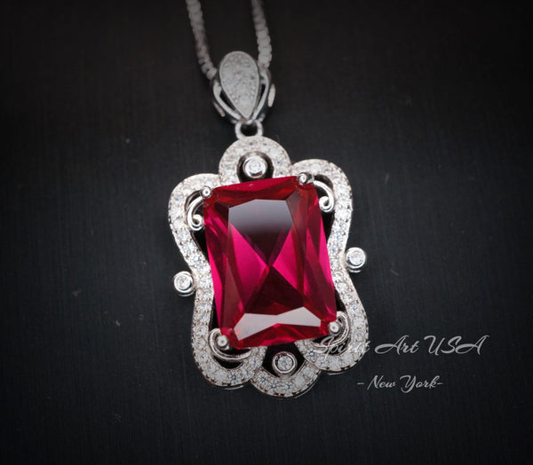 Gemstone Flower Red Ruby Necklace - Large Rectangle Baguette Cut Ruby Pendant - 18KGP @ Sterling Silver - July Birthstone #802