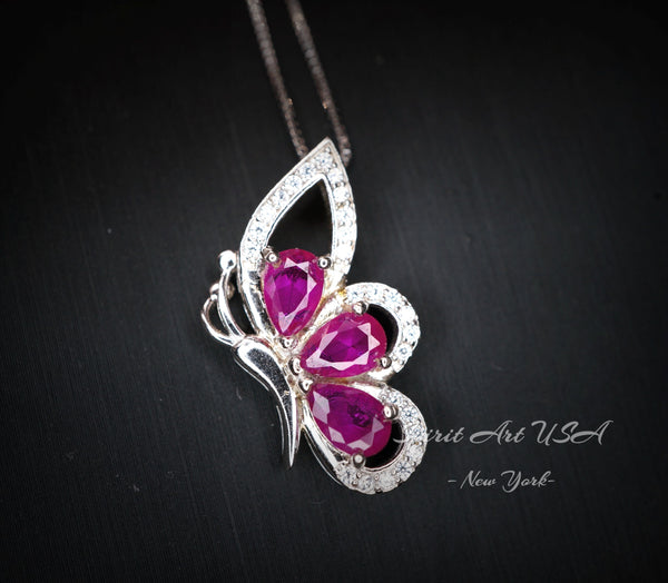 Sterling Silver Ruby Butterfly Necklace - Dainty Ruby Pendant Jewelry - 18KGP @ Sterling Silver #618