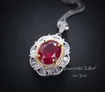 Ruby Flower Necklace - Sterling Silver 3 ct Oval Diamond Red Gemstone Pendant 14k White Gold Plated July Birthstone Gold Surround Style #710