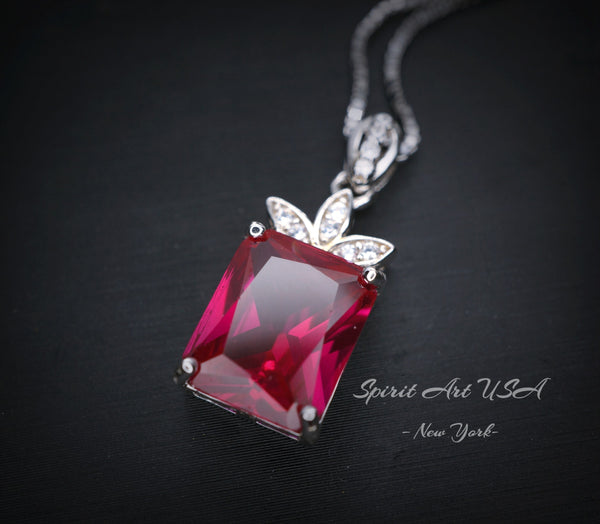 Ruby Necklace Sterling Silver - Dainty Rectangle 4.5 CT Red Ruby Gemstone Pendant Jewelry White Gold Coated #623