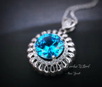 Swiss Blue Topaz Necklace - Large Sterling Silver - Gemstone Sunflower Style - White Gold coated - Round 4 CT - Blue Topaz Pendant #943