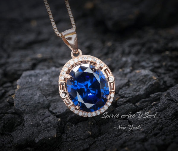 Rose Gold Blue Sapphire Necklace 4.5 CT Oval Royal Blue Gemstone Gemstone Halo Sterling Silver Pendant September Birthstone #745